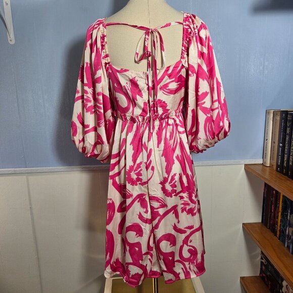 She + Sky Medium Hot Pink White Floral V Neck Balloon Sleeve Knee Length Dress - Picture 7 of 11
